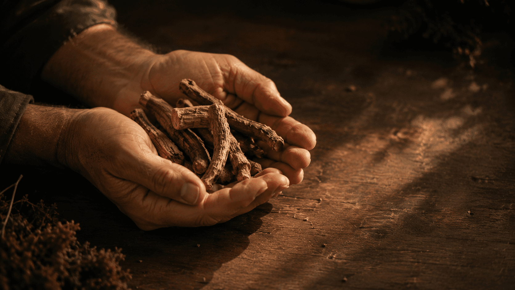 Weathered hands cradling freshly dried gentian root on a wooden workbench