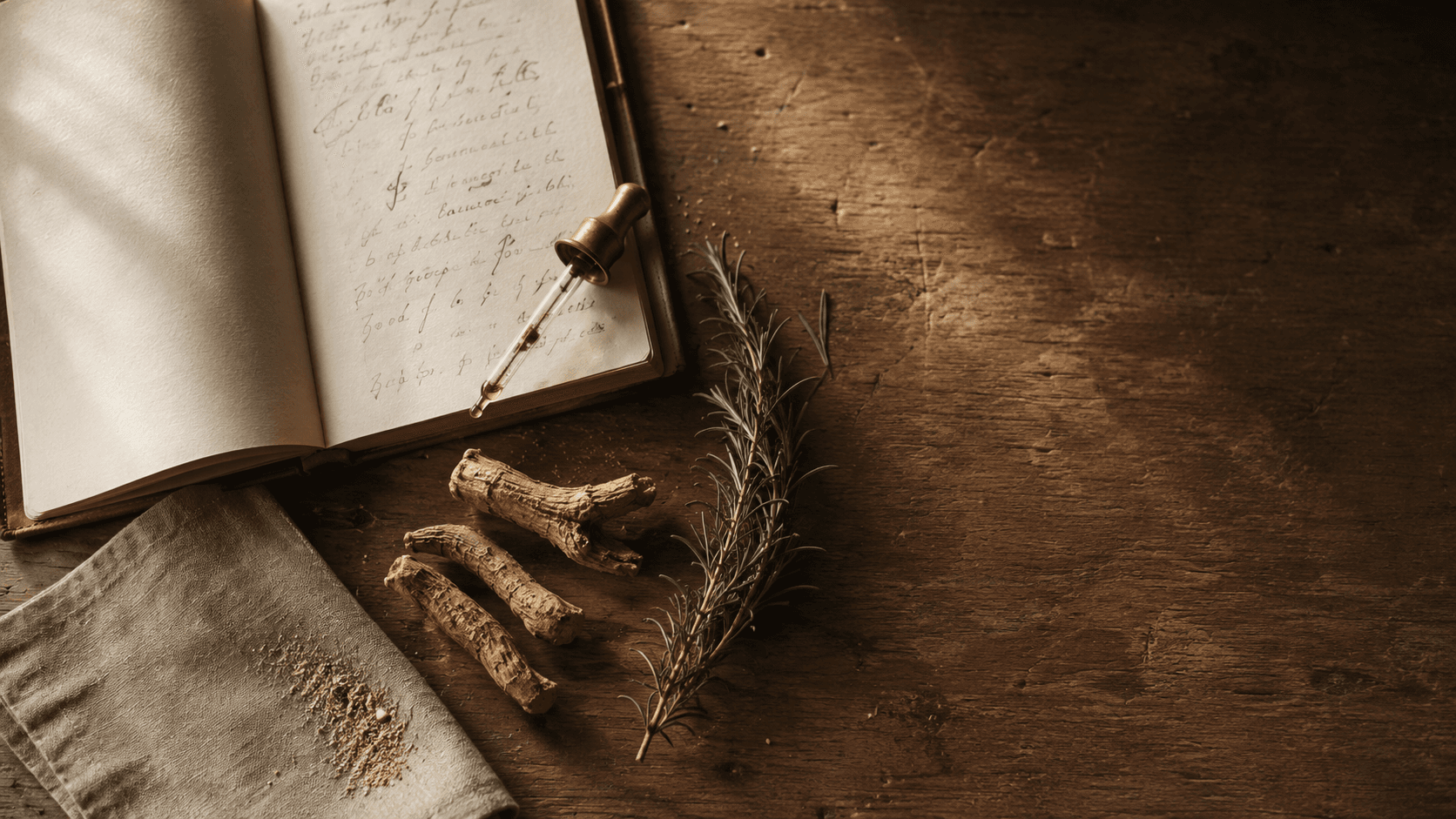 An open notebook with handwritten notes, a brass tincture dropper, dried gentian root, fresh rosemary, and a linen cloth on a worn oak counter